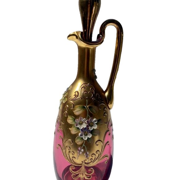 Cranberry Bohemian Glass Cruet, Gilded, Hand-painted, enameled appliques - Picture 13 of 13